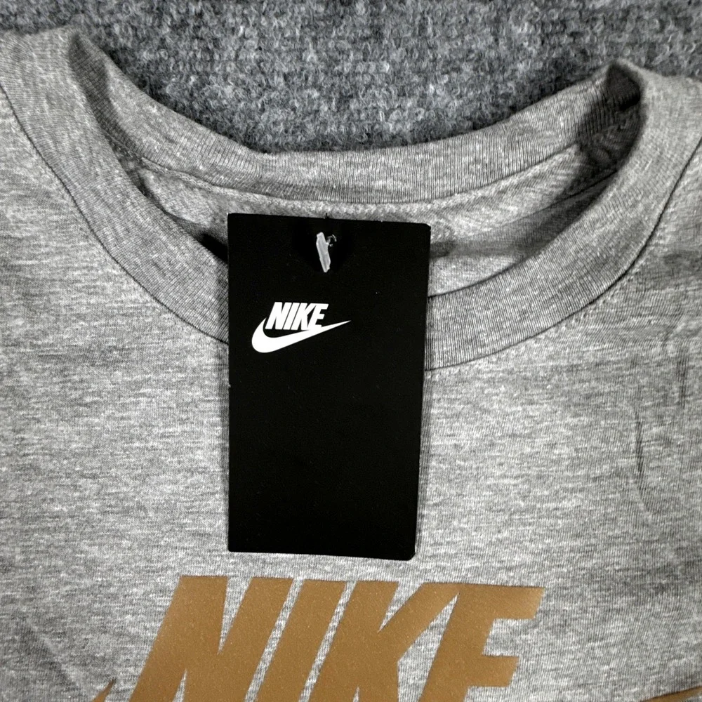 Nike Air Boys Small Grey Gold Reflective Logo Graphic T-Shirt NWT